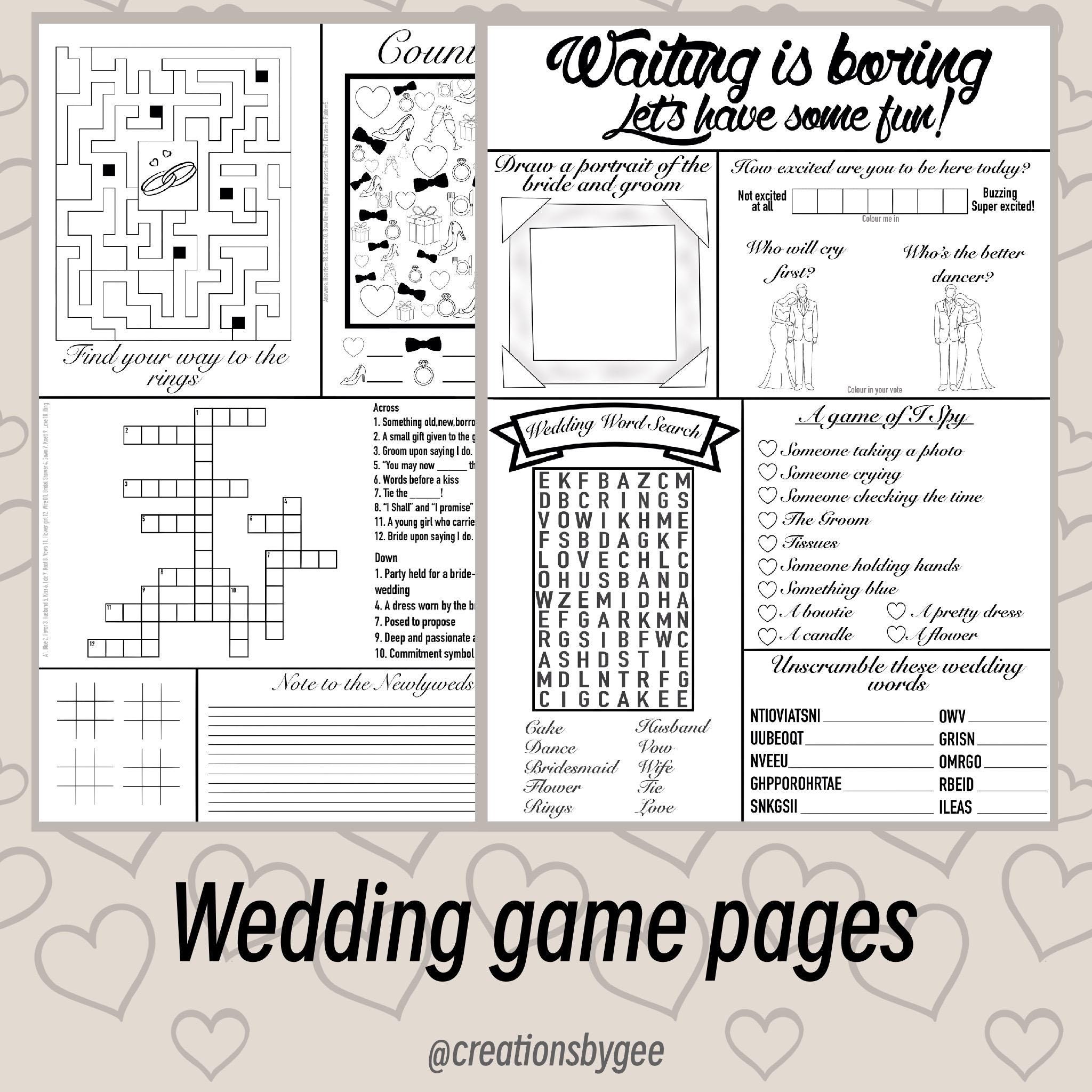 Wedding Game Pages / Instant Download/ Printable pages / Wedding Favors