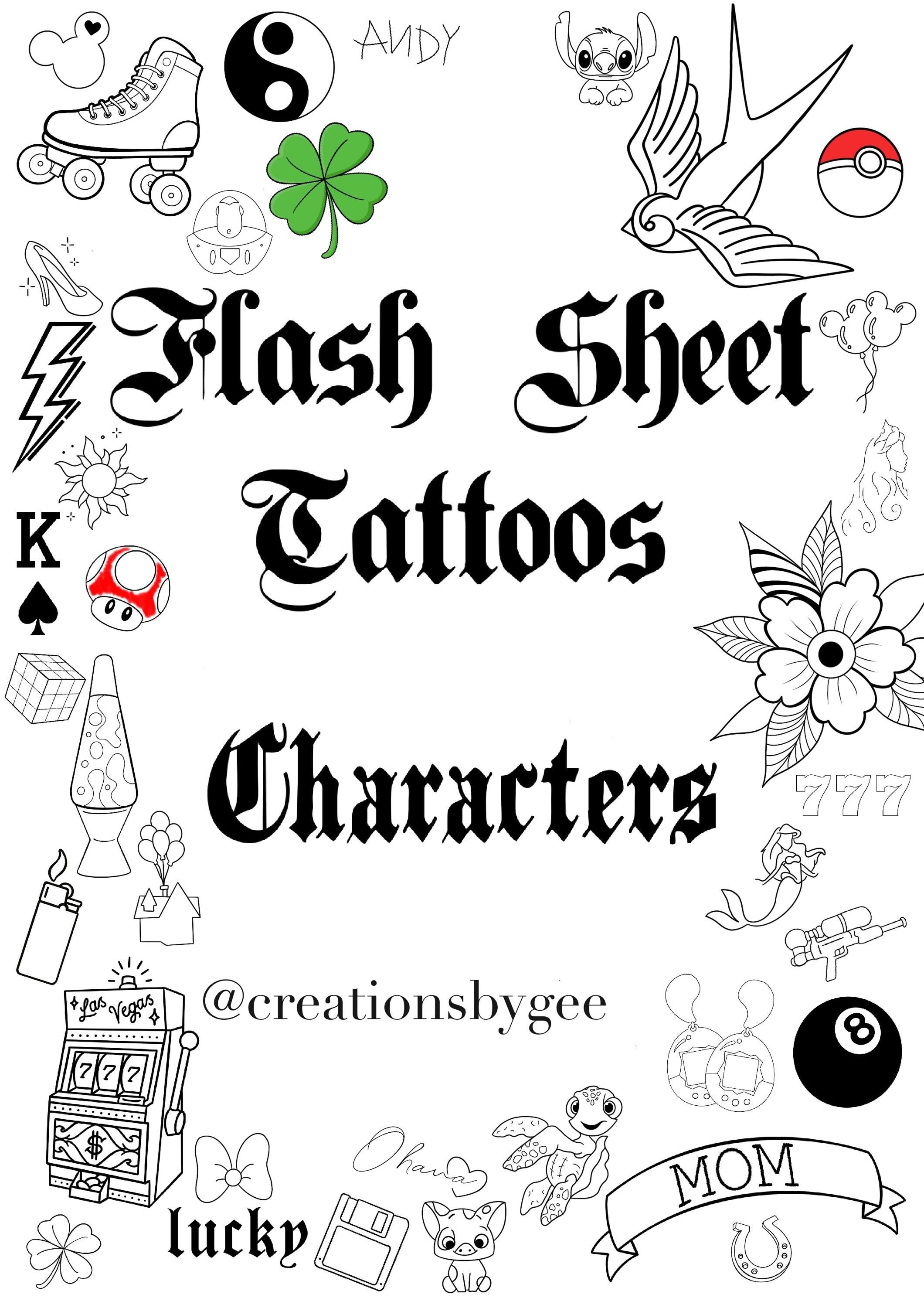 Tattoo Flash Sheet / Tattoos/ Tattoo Characters/ Outlines/ Fine Line Tattoos