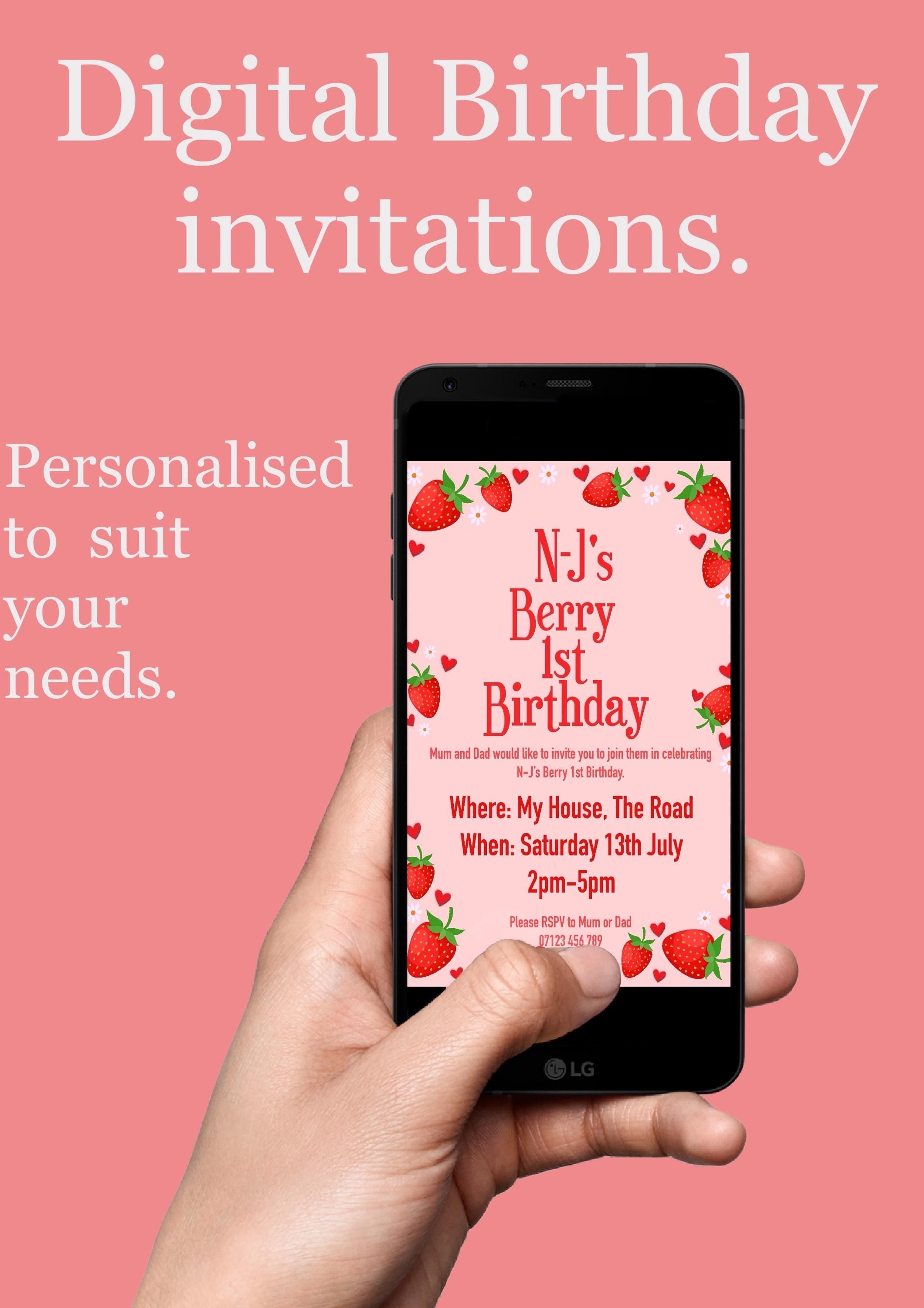 Digital Invitations - Berry First Birthady themed.