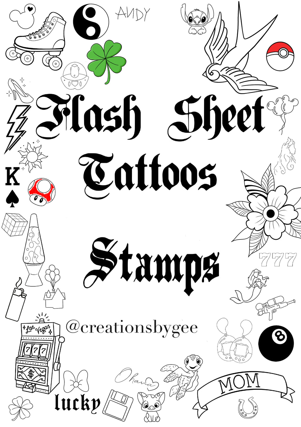 Fine Line Tattoo Flash Sheet: Stamp Designs (PDF Download A4 Vertical Design)