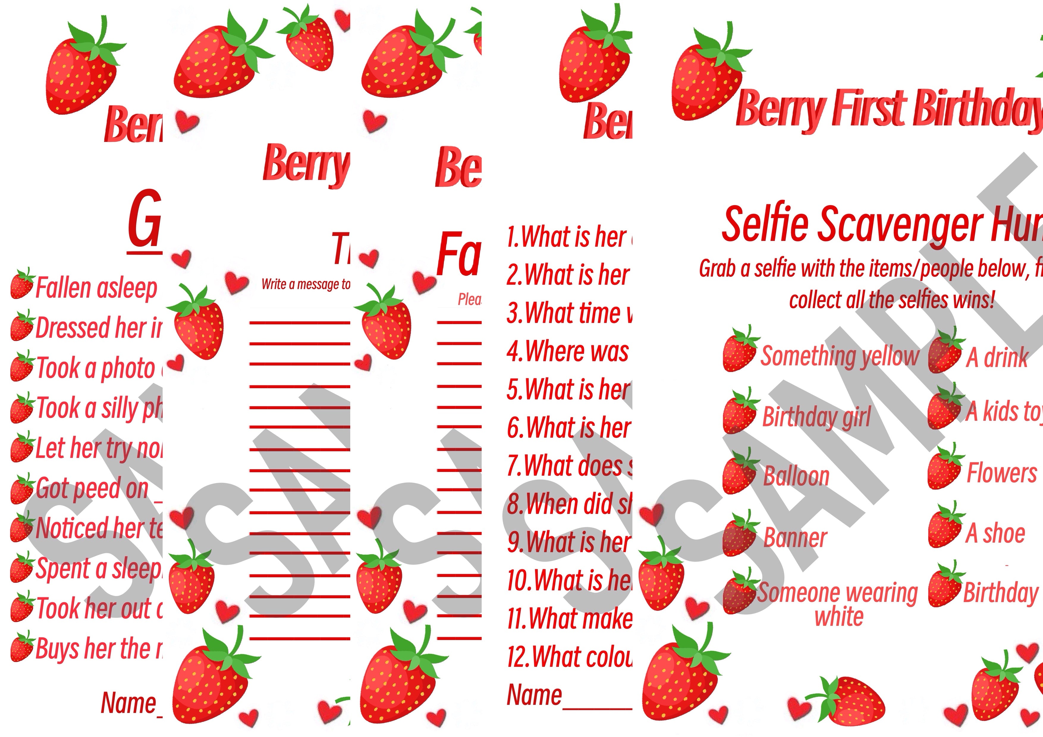 Berry First Birthday - printable party games. Personalisation available.