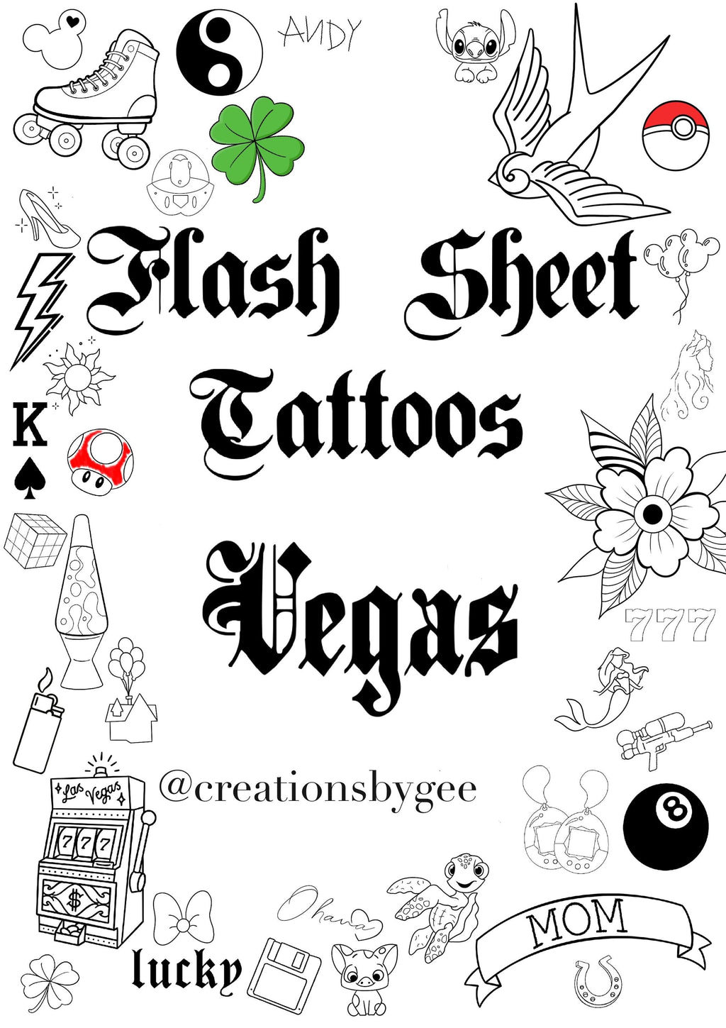 Tattoo Flash Sheet / Tattoo Designs/ Vegas themed/ Outlines/ Fine Line Tattoos