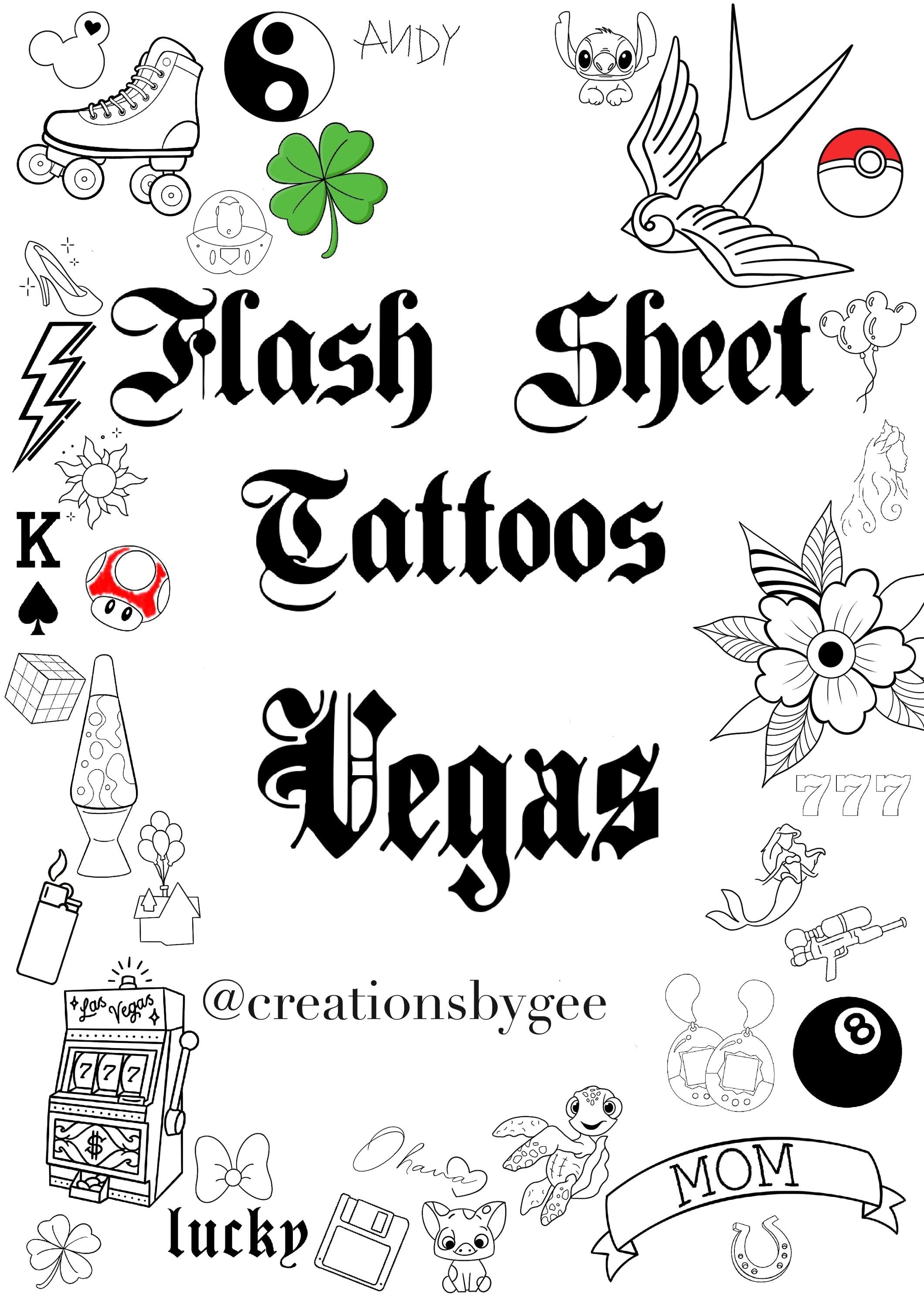 Tattoo Flash Sheet / Tattoo Designs/ Vegas themed/ Outlines/ Fine Line Tattoos