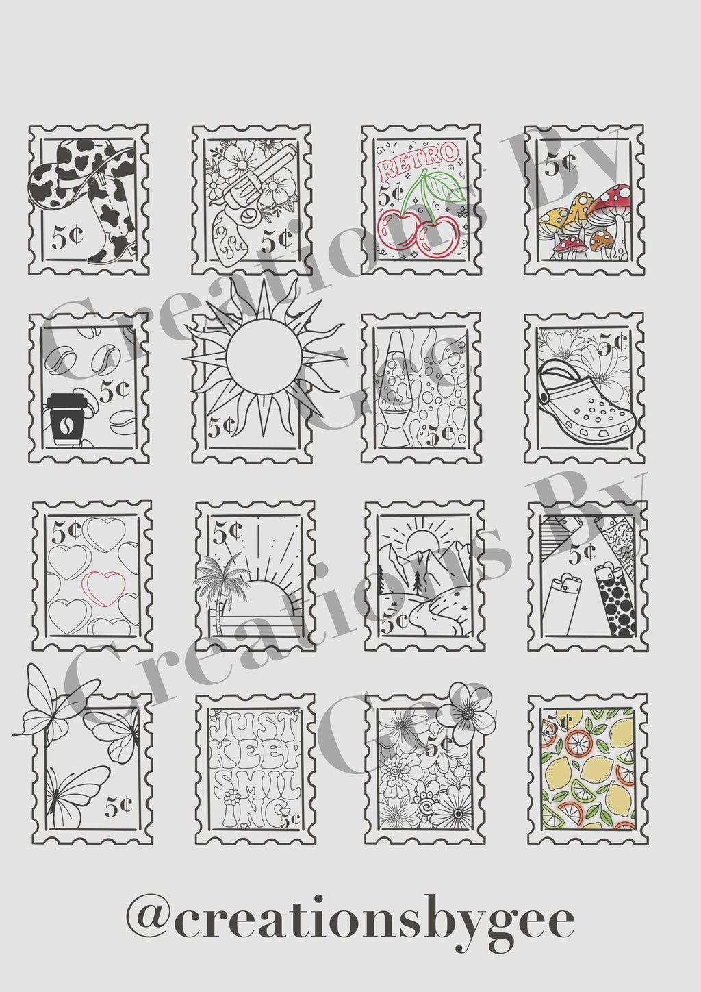 Fine Line Tattoo Flash Sheet: Stamp Designs (PDF Download A4 Vertical Design)