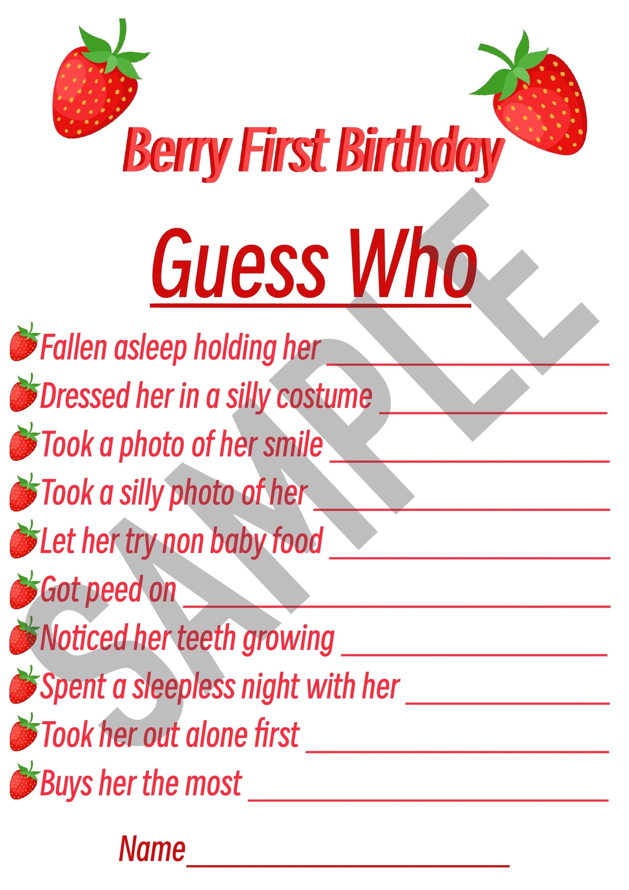 Berry First Birthday - printable party games. Personalisation available.