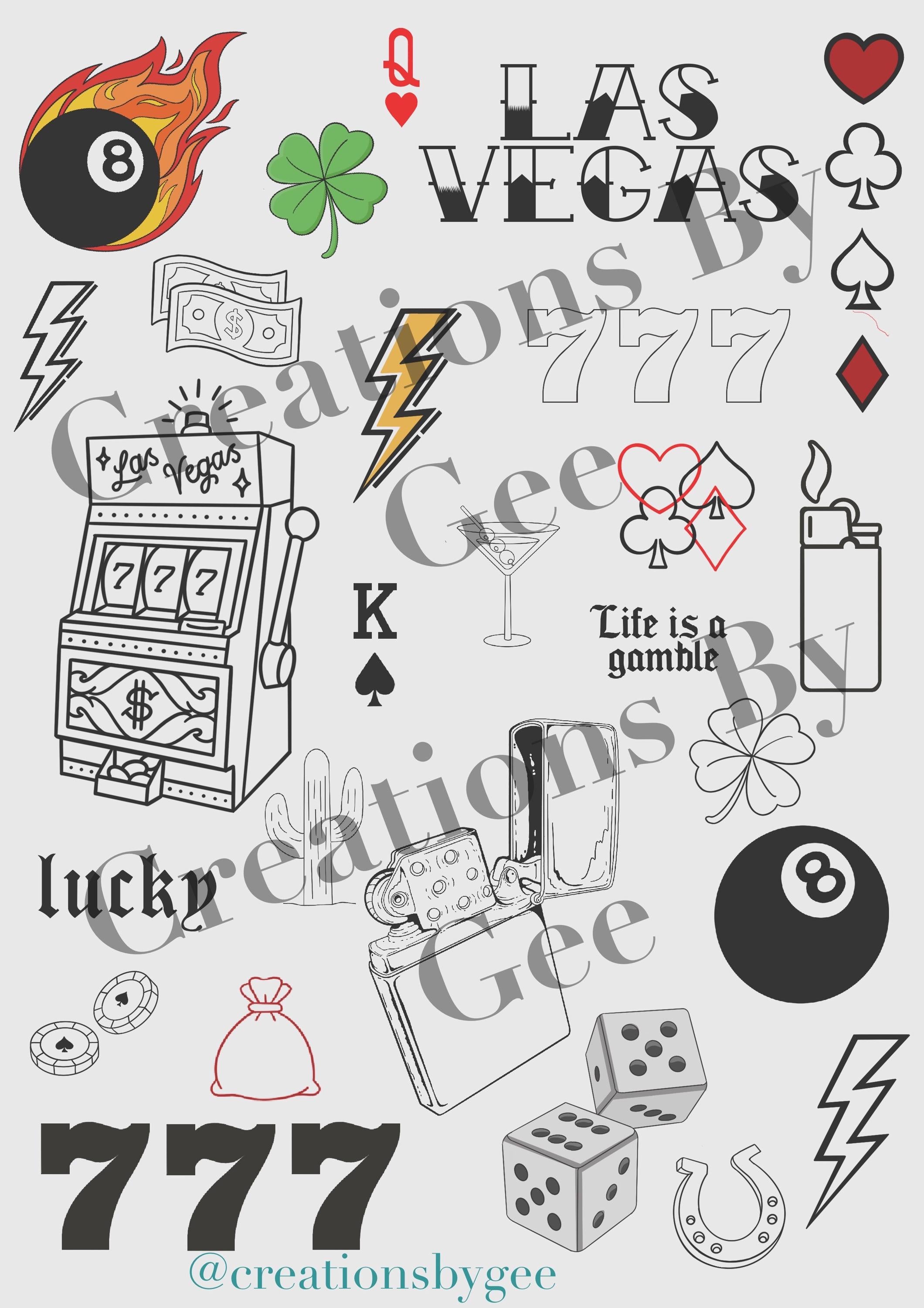 Tattoo Flash Sheet / Tattoo Designs/ Vegas themed/ Outlines/ Fine Line Tattoos
