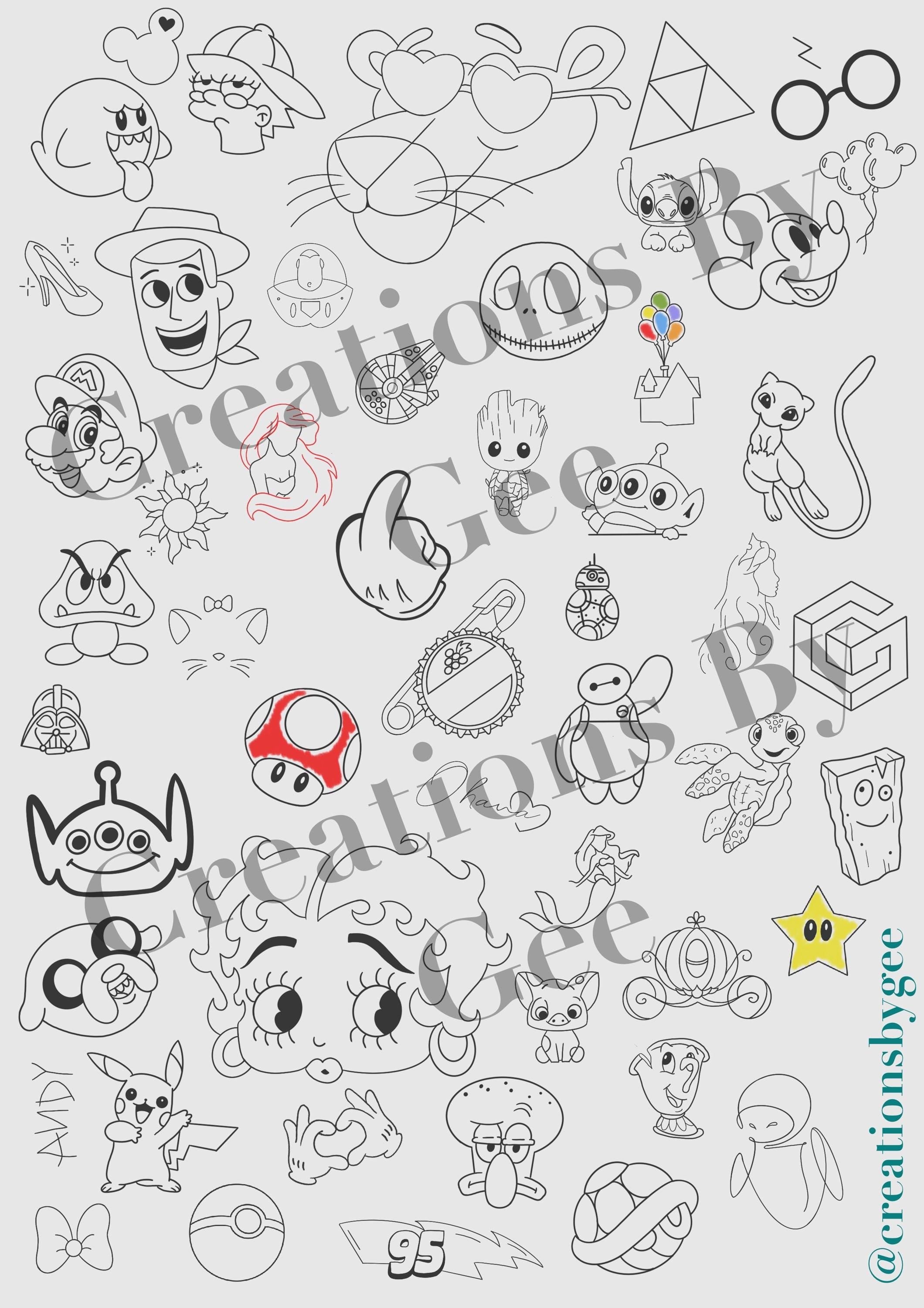 Tattoo Flash Sheet / Tattoos/ Tattoo Characters/ Outlines/ Fine Line Tattoos